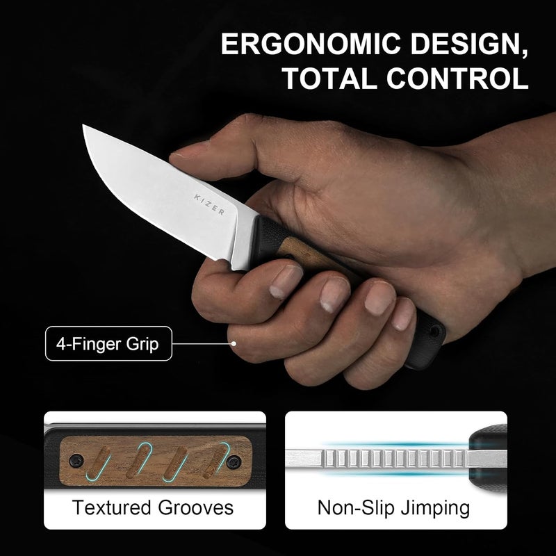 KIZER Smolt Fixed Blade Knife, 2.93" AEB-L Fixed Blade with Black & Brown G10 Mkuruti Wood Handle, Drop Point EDC Knives with Sheath for Camping Hiking 1063M1 - Image 3